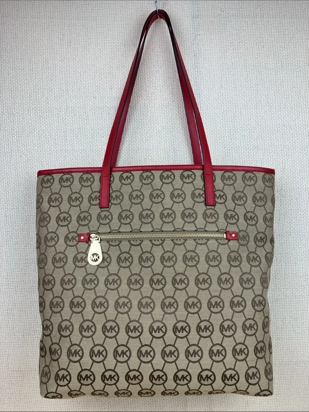 Michael Kors Montauk Large Tote Bag Beige Monogram Red Leather Trim